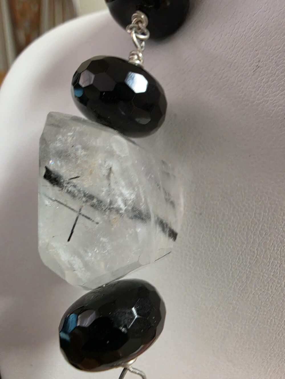 Artisan Black& White Chunky Tourmalinated and Milky Quartz and Glass Necklace - Picture 8 of 9
